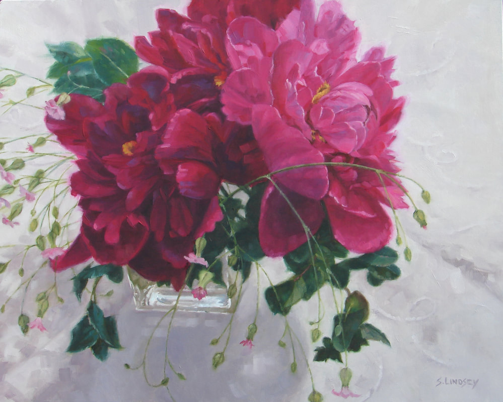 red peonies original oil still life